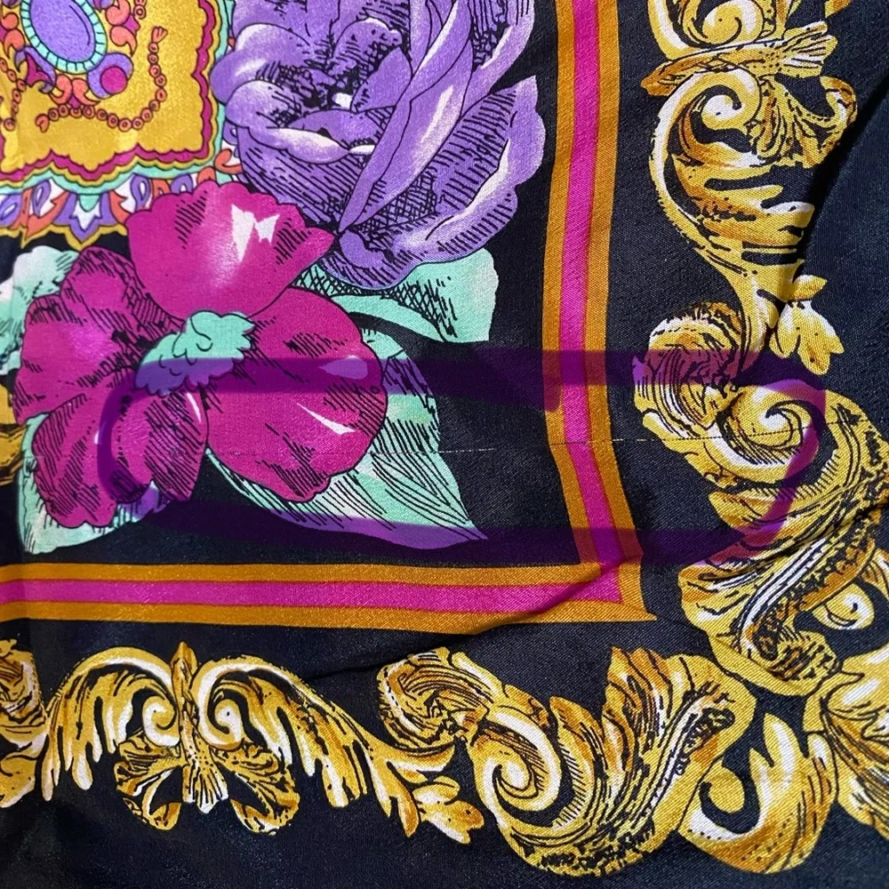 Jacqueline Ferrar Multi Color Bright Black Purple Floral square 100% Silk Scarf
